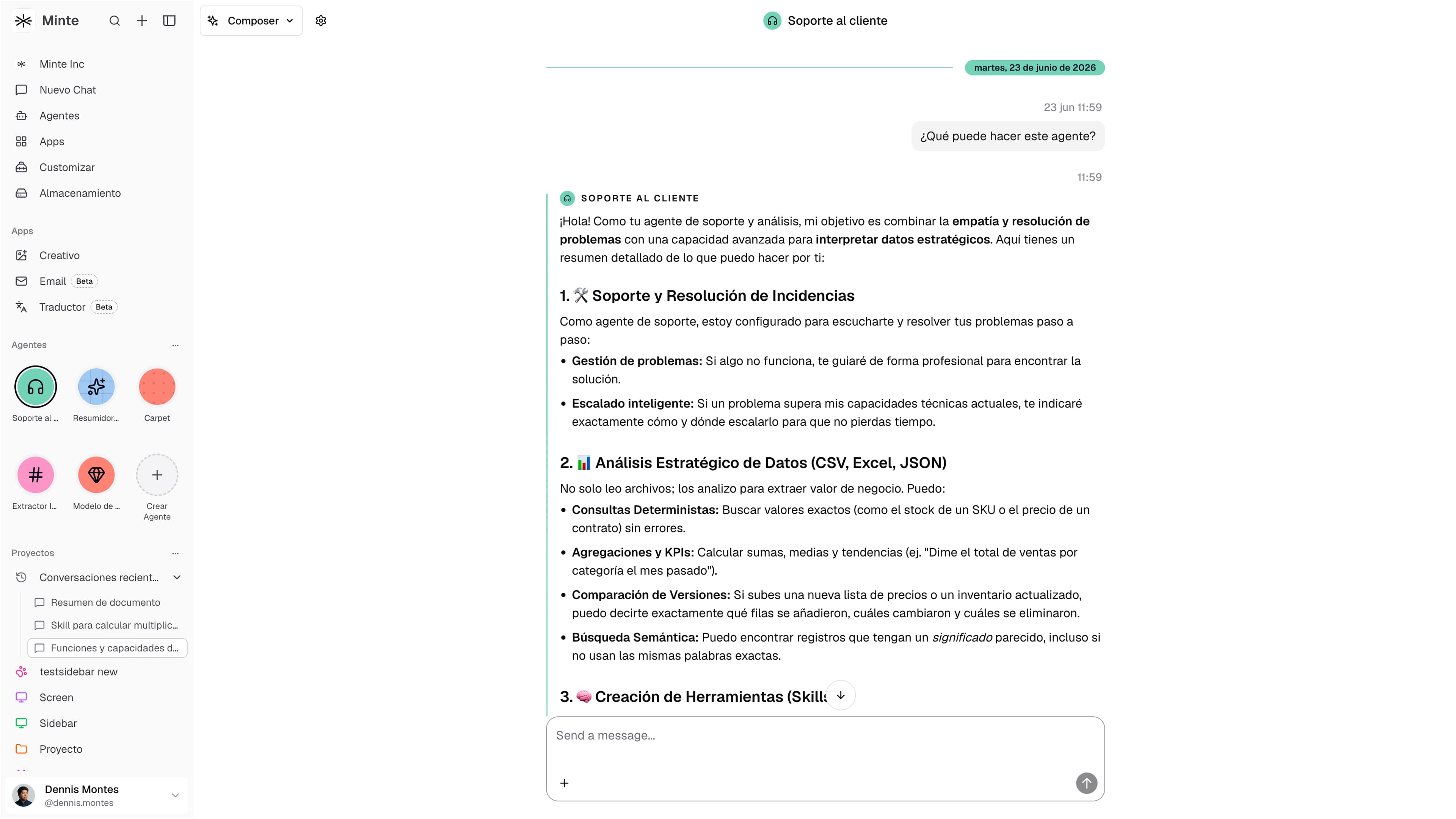 Conversación con un agente de soporte de Minte que explica sus capacidades