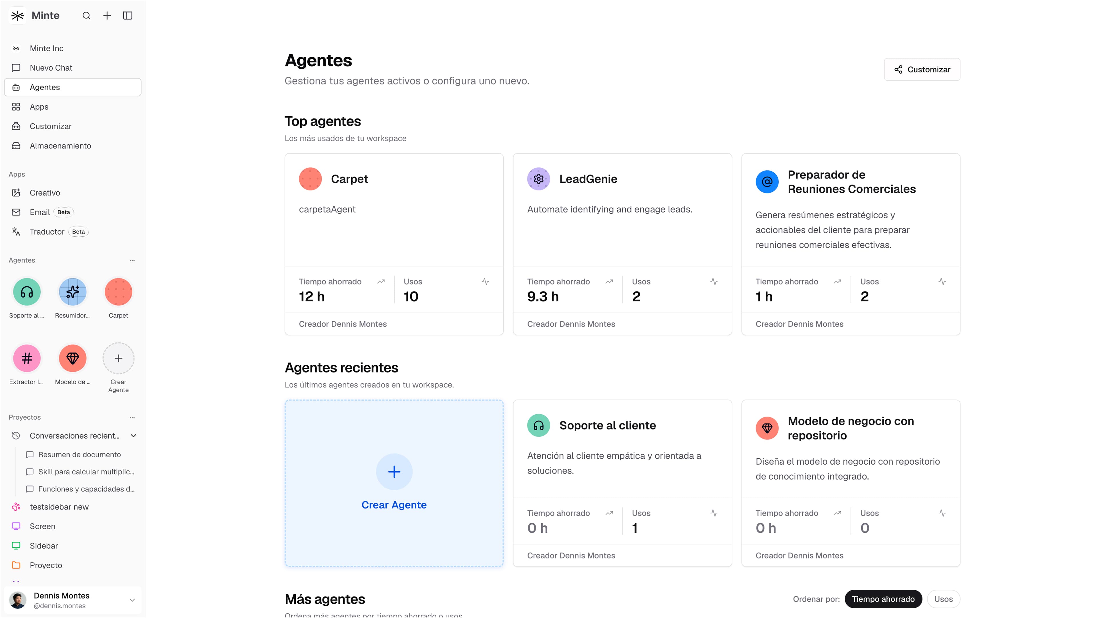 Vista de agentes de Minte con plantillas y agentes configurados