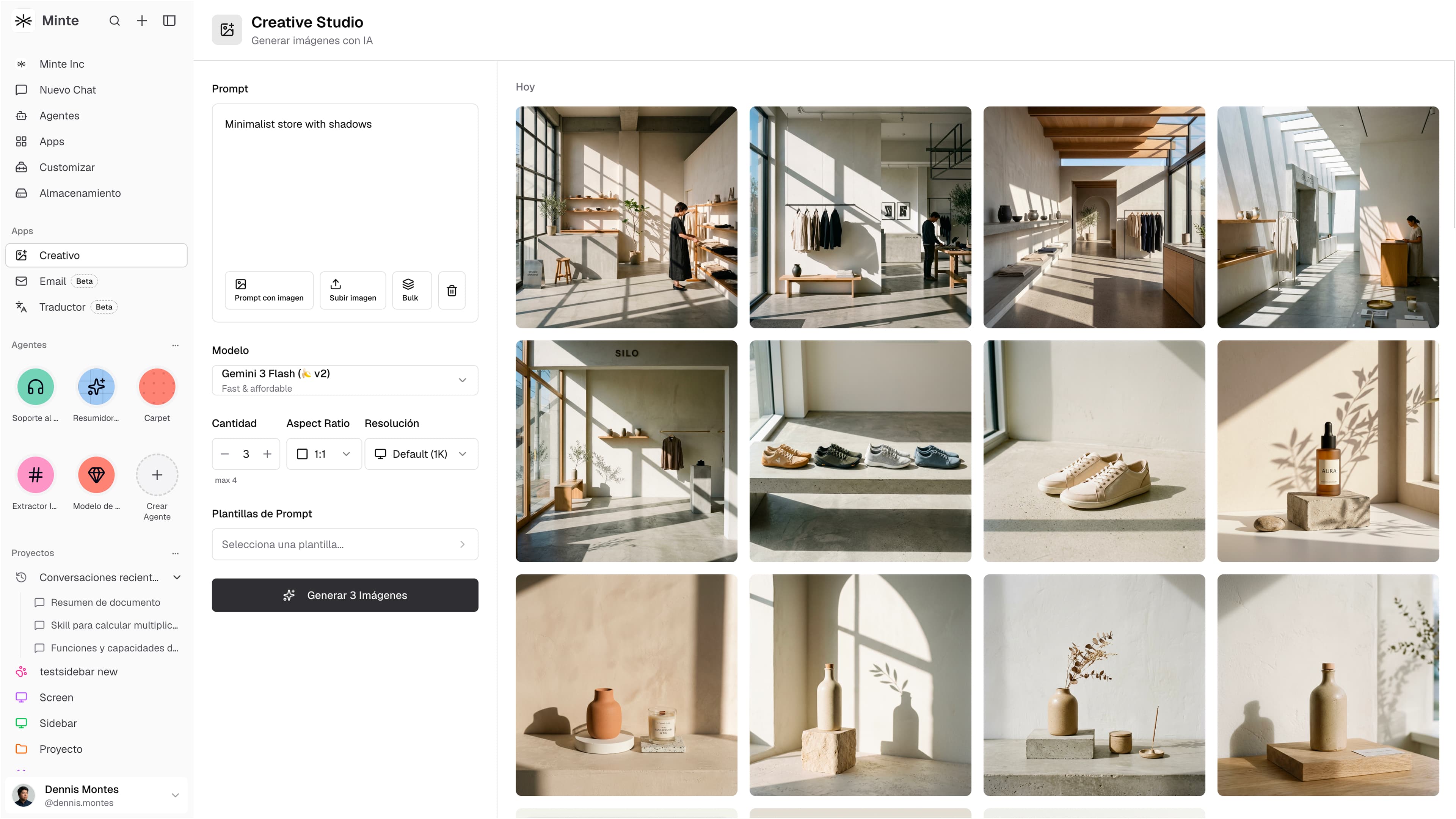Minte Creative Studio showing the creation panel and an image gallery