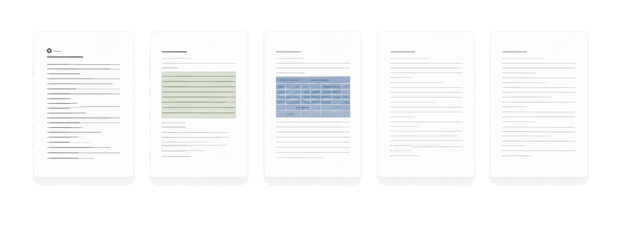 Cinco documentos empresariales con información contractual, tabular y de procesos.