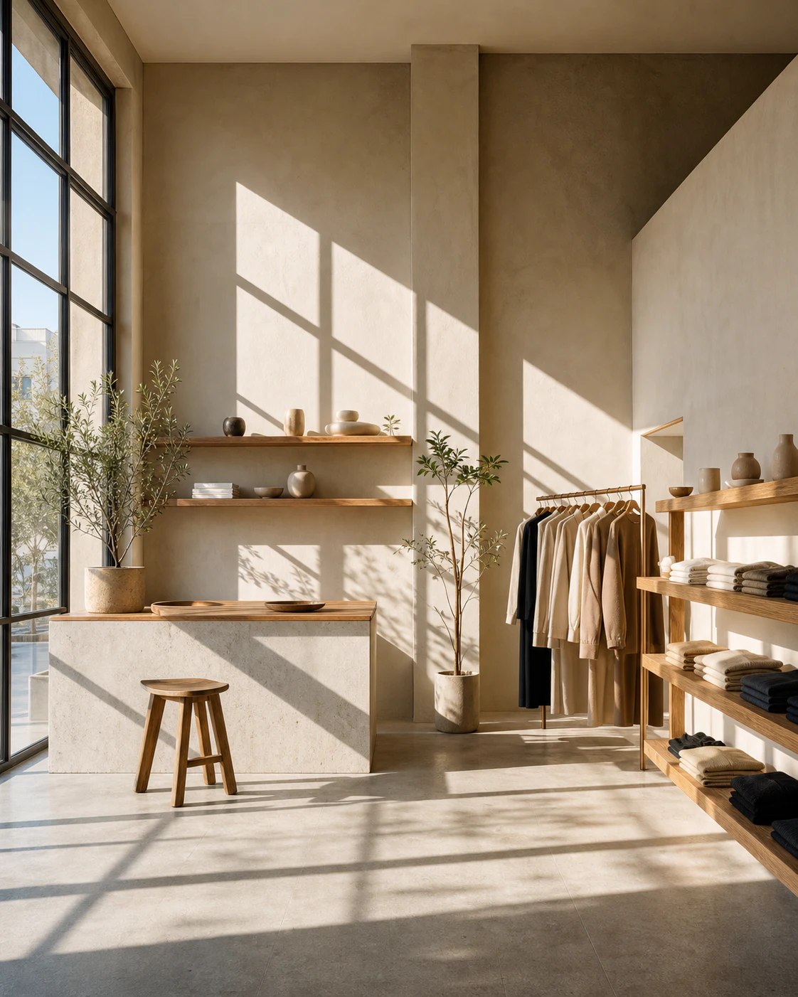 Minimalist retail interior illuminated by natural light